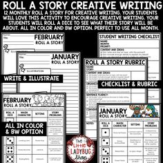 the story creative writing activity is shown in black and white with text that reads roll a story creative writing