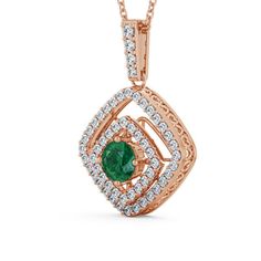 Meriden cluster emerald and diamond 1.69ct pendant in a 9K Rose Gold setting. Stunning and glamorous pendant with a single 0.80 Carat round shaped gemstone, surrounded by a collection of round shaped diamonds with a 0.89 Carat total weight. The pendant is available in a selection of different metal types and with a choice of chain options. We also offer a free design service for any customised changes that you may require. All gemstones are AAA grade.