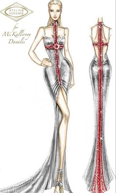 a drawing of a woman's dress with an open back and high slits