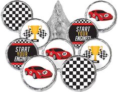 six race car bottle caps with the words start your engines on them and checkered flags