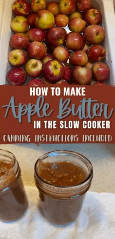 two jars filled with apple butter sitting on top of a white towel next to apples