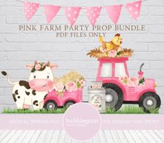 pink farm party prop bundle with cow and tractor