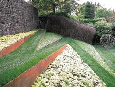 an outdoor garden with grass and flowers