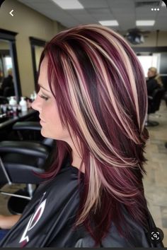 3 Different Hair Color Ideas, Fall Hair Color With Blonde Highlights, Cute Highlighted Hair, Red Hair With Streaks Of Color, Red Violet Hair With Blonde Highlights, Snickers Hair Colour, Medium Brown And Red Hair, Blonde And Dark Red Highlights, Auburn With Highlights And Lowlights