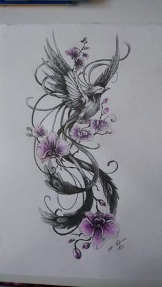 Ideas tattoo for woman Phonex Tattoo Designs, Purple Phoenix Tattoo, Mystical Tattoos For Women Sleeve, Phoenix Tattoo Leg, Mystical Tattoos For Women, Phoenix And Flower Tattoo, Feminine Chest Tattoo, Feather Hip Tattoos