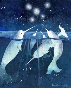 three white dolphins swimming in the ocean at night with stars above them and on the water's surface