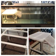 there are three different views of a coffee table that is made out of glass and metal