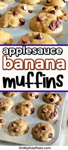 Mini banana muffins with chocolate chips in the pan overhead and close up with text title overlay Banana Applesauce Muffins, Kid Muffins, Muffins With Chocolate Chips, Mini Muffin Recipe, Mini Banana Muffins, Muffins With Chocolate, Banana Muffins Recipe, Muffins Blueberry, Kids Plate