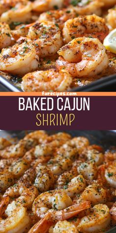 baked cajun shrimp in a pan with lemon wedges