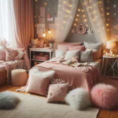 a bedroom decorated in pink and grey with lights on the ceiling, bedding and pillows