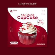 a red cupcake flyer with white frosting and sprinkles