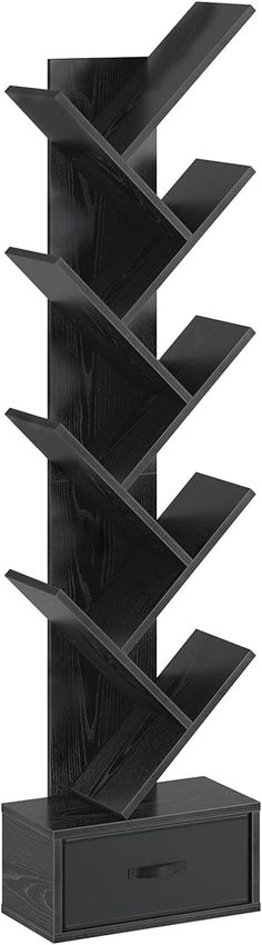 a black shelf that has several shelves on it