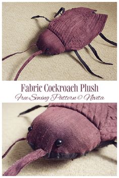 an image of a purple cockroach plush toy on the floor with text overlay