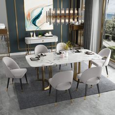 an elegant dining room with marble table and grey chairs, gold trim around the legs