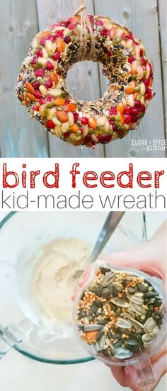 the bird feeder is made from seeds and other things to make it look like something out of