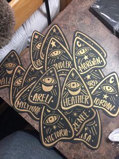 the stickers on the table are designed to look like they have all different kinds of eyes