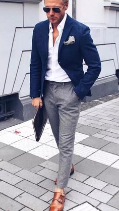 Blue Blazer Outfit Men, Men Work Outfits, Blue Blazer Outfit, Mens Smart Casual Outfits, Pants Outfit Men