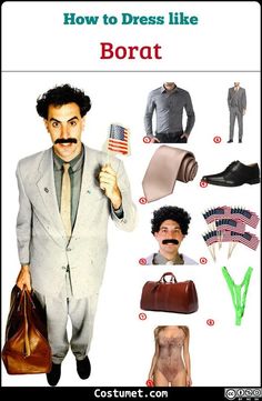 a man in a suit and tie with many different items