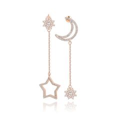 Material: Copper, Rhodium or Gold Plated, Cubic ZirconiaSize: 6.5cm by 1.9cmWeight: 7g per pairDesign: Asymmetrical Flower Moon and Star on a Chain Dangle Drop Statement Earrings Color: White, Silver, Rose Gold Travel Inspired Jewelry, Star And Moon, Star Chain, Statement Drop Earrings, Steampunk Jewelry, Moon And Star, Moon Jewelry, Zirconia Earrings, Threader Earrings