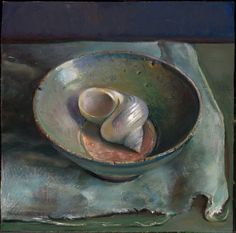 an oil painting of a bowl with two seashells in it