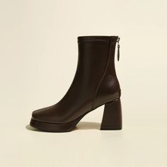 Olivia Mark - Black High Heeled Ankle Boots with Square Toe, Chunky Heel, Slim Fit Design, and Waterproof Platform Sole High Heeled Ankle Boots, Rough Heels, Black Heel Boots, High Heel Boots Ankle, Brown Ankle Boots, Fashion High Heels, Boots Ankle, Black High Heels, Heeled Ankle Boots