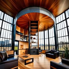 a living room filled with furniture and lots of windows on top of a wooden floor