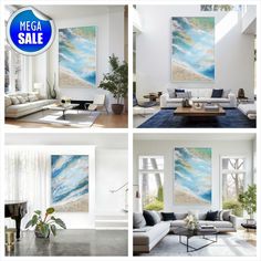 four different views of a living room with white furniture and blue painting on the wall