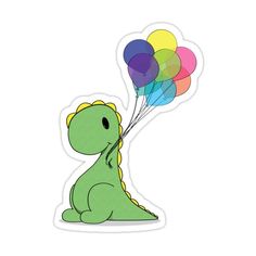 a sticker with a green dinosaur holding balloons