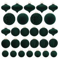 twelve green velvet christmas ornaments hanging from strings