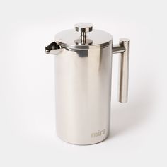 a stainless steel french press coffee maker on a white background with the lid open and handle extended