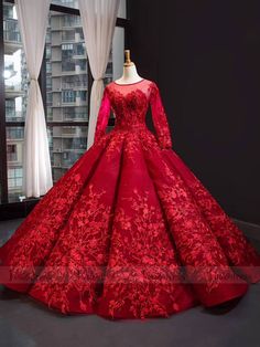 Haute Couture Floral Lace Quinceanera Dresses Long Sleeve Ball Gowns F – Viniodress Dark Red Ball Gown, Red Long Sleeve Prom Dress, Prom Dresses Dark Red, Red Ball Gowns, Masquerade Ball Gowns, डिजाइनर कपड़े, Gothic Party, Baju Kahwin, Red Ball Gown