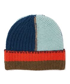 a knitted hat with two colors on the front and one color on the back