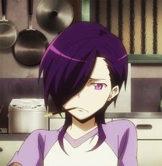 an anime character with purple hair in a kitchen