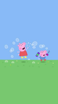 two cartoon pigs are playing with bubbles in the grass and one pig is holding an umbrella