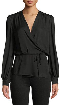 L'Agence Cara Long-Sleeve Silk Wrap Blouse Musician Clothes, Striped Blouse Outfit, Black Silk Shirt, Silk Clothes, Classy Outfits For Women, Casual Skirt Outfits, Easy Outfit, Silk Wrap, Blouse Outfit