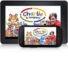 two cell phones with charlie and company logos on them, one is displaying the phone's screen