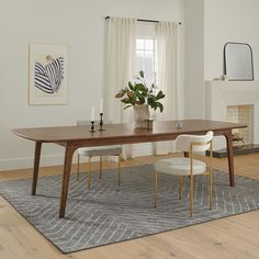 a dining room table with two chairs and a potted plant