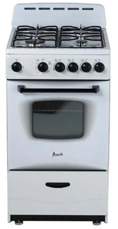 a white stove with four burners and two oven doors