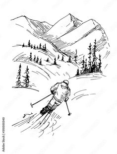 a skier going down the mountain slope with trees and mountains in the background, hand drawn