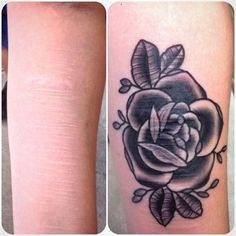 two pictures of the same tattoo on someone's leg, one is black and white