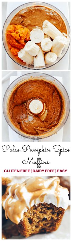 three different types of food in pans with the words pale pumpkin spice muffins