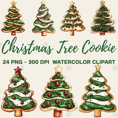 christmas tree cookie clipart with watercolor and hand drawn trees in green, red and white