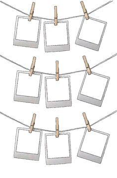 four square frames hanging on clothes pins with clothes pins attached to them, and two blank ones