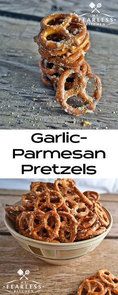 some pretzels sitting in a bowl on top of a wooden table with the words garlic - parmesan pretzels