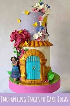 a birthday cake decorated with flowers and a door