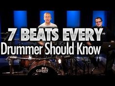 two men are sitting in front of drums and the words 7 beats every drummer should know