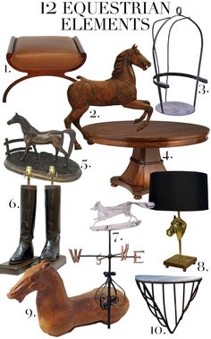 an assortment of wooden furniture and horse figurines