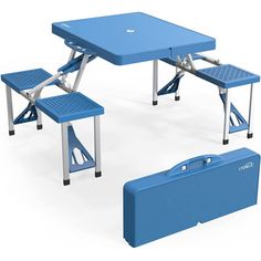 a blue picnic table with two benches and a case