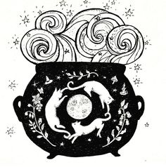 a black and white drawing of a pot filled with stars