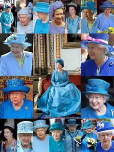 many pictures of queen elizabeth and the duke of edinburgh in blue outfits, hats and gowns